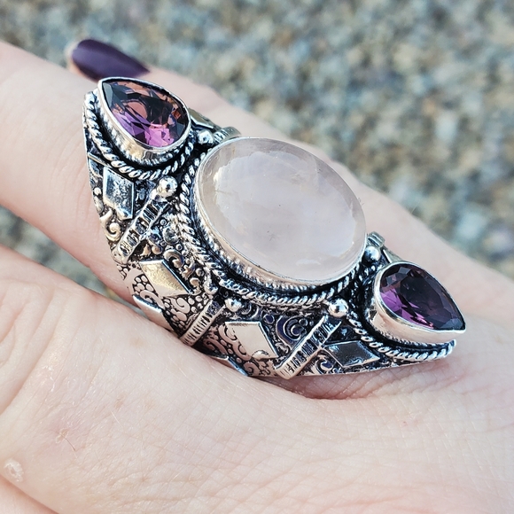 New Rose Quartz and Amethyst 925 Silver Statement Ring. - Picture 8 of 16